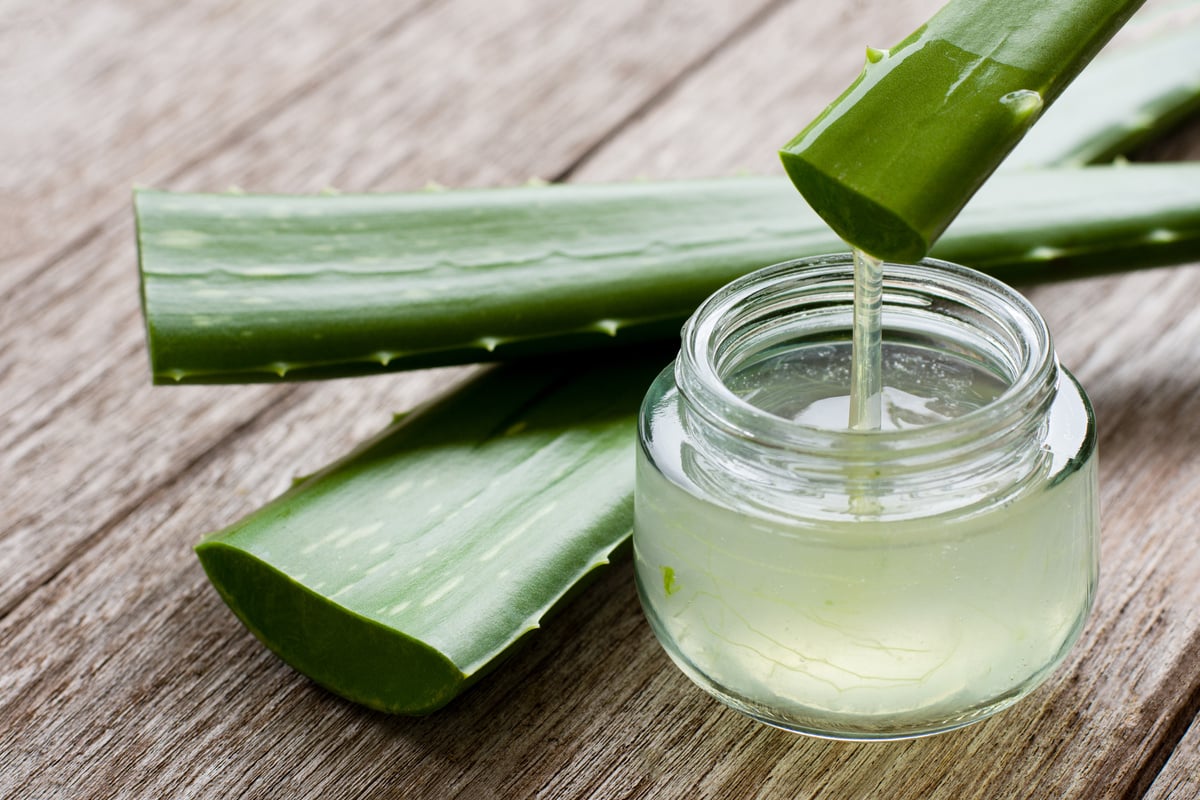 Aloe vera leaf and aloevera gel on wood table